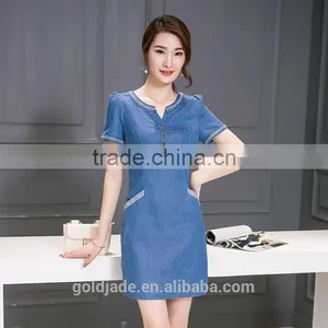 Lastest Design Oem Spring Blue V-neck Short Sleeve Denim Wash Double Shirt Ladies Dresses thumbnail-1