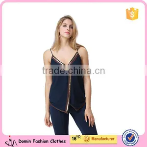 New Design Ladies Sequin Embroideried Beaded Navy Cami Top thumbnail-1