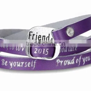 Hot Sale 2015 Leather Wrap Bracelet Custom Logo Letter Words Hand-stamped Leather Bracelet CZ Stone Pave Leather Wrap Bracelet thumbnail-1