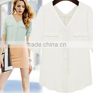 New Design 2 Colors Choice V Neck Short Sleeve Plus Size Women Chiffon Fabric Shirt thumbnail-6