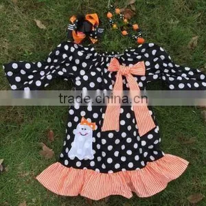 2015 New Arrival Girl Ghost Print Dress Kids Boutique Dress Girl Black and White Polka Dot Halloween Dress With Necklace and Bow thumbnail-1