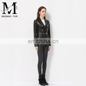Lady Casual Spring Long Sleeve Beaded Leather Motorcycle Jacket thumbnail-3