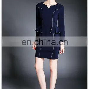 Ladies High Quality Navy Dress Above Knee, Peplum Waist Dress for Fall thumbnail-4