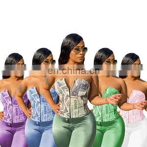 Women Summer Sexy V Neck Strapless Sleeveless Printed Skinny Slim Short Tube Tops Fashion 2020 Fall Clothes Streetwear thumbnail-2