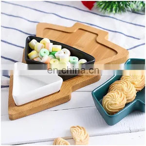 2022 Christmas Tree Decorative Dry Fruit Snack Tray Restaurant Dessert Bamboo Tray Wooden Serving Ceramic Plate thumbnail-5