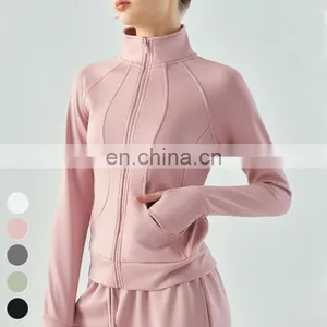 Custom Running Workout Sports Tops Wear Gym Fitness Stand Collar Long Sleeve Thumb Hole Zipper Jackets Yoga Jacket For Women thumbnail-1