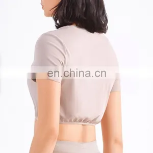 Classical Round Neck Short Sleeve Tee Quick Dry Women Gym Sports Yoga T-shirts Ribbed Anti-UV Sunscreen Workout Fitness Crop Top thumbnail-3