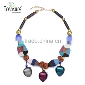 Women Necklace Wood Round Circle Pendant Pattern Sweater Chain Long Necklace thumbnail-1