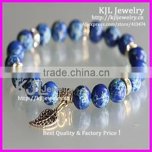 KJL-A0226 Hot New Natural 8MM Turquoise Stone Beaded Bracelet,Gold Metal Leaf Shape Charm Pendant Bracelet thumbnail-1