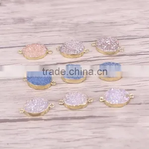 Gold Plated Oval Natural Agate Titanium Druzy Connectors Beads Jewelry Craft thumbnail-1