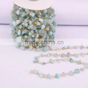 Aquamarine Chip Beads Link Rosary Chains,Brass Wire Wrapped Chain Necklace Bracelet, Fine Jewelry Findings Stone Beaded Chain thumbnail-2
