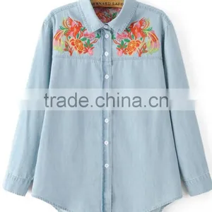 Runwaylover EY2349B Europe Style 2017 Ladies Embroidery Washed Denim Blouse thumbnail-3
