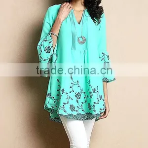 Factory Price Women Blouse With Turquoise Chiffon Notch Neck Bell-Sleeve Tunic Women Tops Women Clothing GD90426-7 thumbnail-1