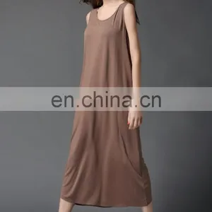 OEM Plain Color Modal Fabric Girls Slip Dress Women Casual Loose Shirt Basic Maxi Dress for Summer thumbnail-4