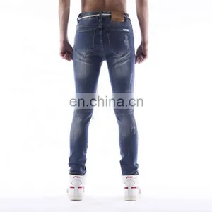 DiZNEW Custom Blue Stretchy Distressed Men Ripped Holes Biker Jeans thumbnail-4