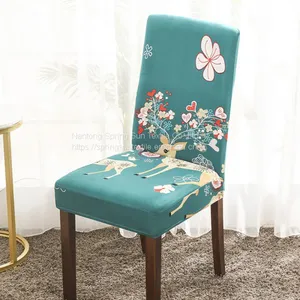 Green Printed Stretch Dining Room Chair Covers Soft Removable Dining Chair Slipcover thumbnail-5