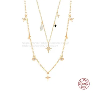 S925 Sterling Silver Octagonal Star Shaped Pearl Collarbone Necklace thumbnail-2