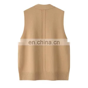 Brand New Custom Sleeveless V-Neck Cardigan Vest Women Knitted Cashmere Woolen Casual Style Embroidered Logo Button Back thumbnail-2