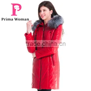 New 2016 Women Winter Leather Jacket Medium Length Slim Fit Coat With Brown Fox Fur Hat Overcoat thumbnail-1