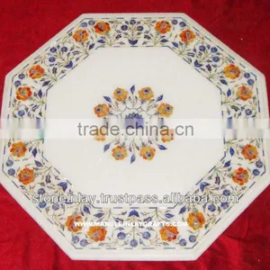 White Indian Marble Inlay Coffee Table Top Pietra Dura Art thumbnail-1