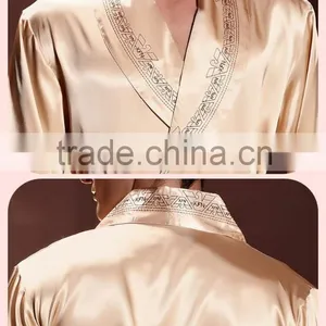 Gold Emulation Silk Men Bathrobe Long Sleeve V Neck Male Robes Soft Silk Satin Sleepwear Casual Comfortable Homewear thumbnail-5
