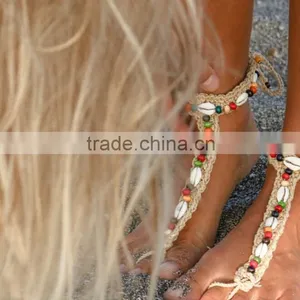 Crochet Barefoot Sandals Beach Wedding Yoga Shoes Foot Jewelry Blue Pink Silver thumbnail-1