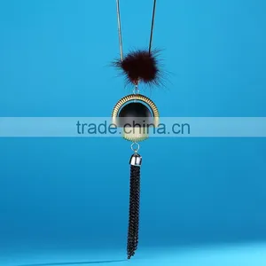 Red Bead Gold Hoop Pendant Long Chain Necklace Black Chain Tassel Necklace Pompon Necklace thumbnail-5