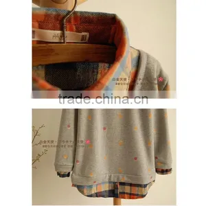 Spring and Autumn Lovely Printed Fake 2pcs Long Sleeve Blouse Designs Fashion Women Plaid Shirt thumbnail-6