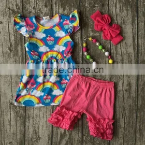 Baby Girls Summer Clothes Girls Children Troll Hair Outfits Kids Rainbow Dress Top With Hot Pink Shorts Outfits With Accessories thumbnail-1