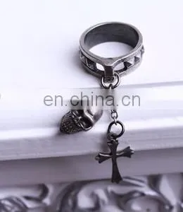Gothic Dark Silver Ring With Skull and Cross Charm thumbnail-2