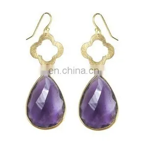 Amethyst Gold Vermeil Bezel Set Quatrefoil Clover Earrings/Dangle Earrings/Amethyst Gemstone Earrings/Drop Earrings thumbnail-1
