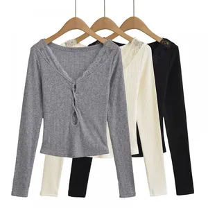 Pure Lust Lace Stitching Hollow-out Long-sleeved T-shirt Women's 2024 Autumn and Winter New Hot Girl V-neck Slim-fitting Top thumbnail-3