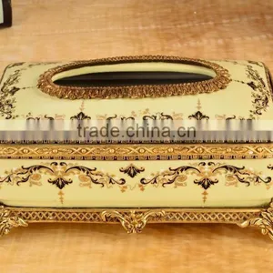 Luxury Royal Home Appliance Yellow Color Flower Painting Ceramic and Brass Decorative Tissue Box thumbnail-1