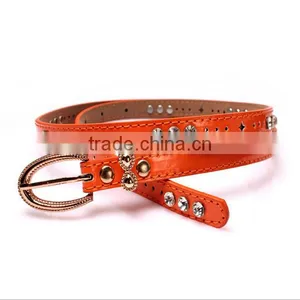 Fashion Rhinestone Decorated Pin Buckle Sex Girl Thin Orange PU Waist Belt thumbnail-2