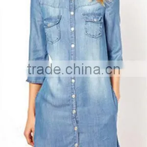 EY1932B Hot Selling Classical Shirt Dress Apparel Fashion Rolled Sleeves Denim Dress thumbnail-1