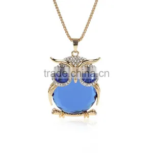 Jewelry Lobster Clasp Necklace Owl Halloween Gold Plated Royal Blue Rhinestone W/Extender Chain 72.5cm Long thumbnail-1