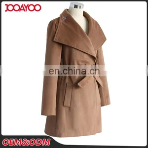 Women's Winter Long Coat Wide Collar Long Sleeve Belted Wool Blend Coat in Tan thumbnail-2