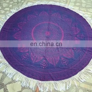 72" Indian Mandala Purple Hippie Round Roundie Tapestries Hippy Boho Gypsy Round Beach Throw Yoga Mat Tassel thumbnail-1
