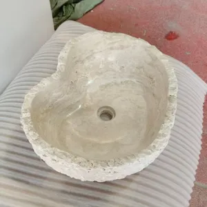 Modern Fashionable Heart Shape Design Travertine Marble Stone Countertop Hand Wash Sink for Villa Hotel Bathroom Sanities thumbnail-5