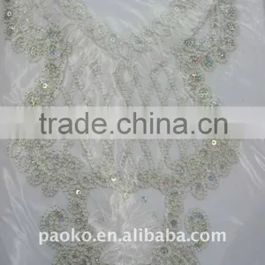 White Color Rhinestone & Sequine Embroidery Applique, Fabric VNeck, Neckline Motif thumbnail-1