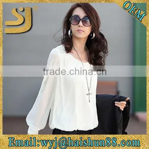 Sexy Women Chiffon Blouses Puff Long Sleeve Lace Shirts Loose O-neck Plus SizeTops thumbnail-1