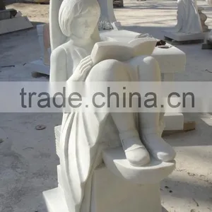 Hand Carved White Marble Garden Girl Reading Book Sculpture thumbnail-3