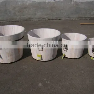 Set of 4 Round Wooden Flower Pot/garden Planting Pot thumbnail-1