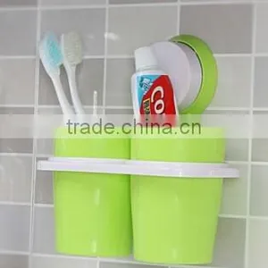 Sucker Hanging Plastic Two Cup Toothbrush Holder thumbnail-1