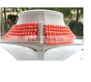 Wholesale 6 Rows 17-22 Inch 6mm Pink Round Coral Beads Necklace Jewelry Set thumbnail-2