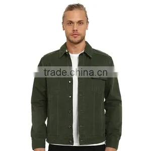 High Quality Green Plain Denim Varsity Jacket Custom Arc-shaped Back Hem thumbnail-1