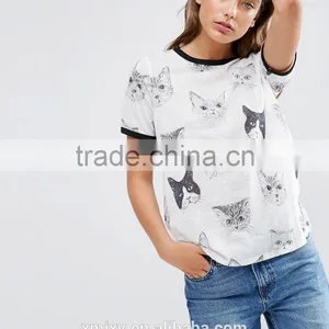 Wholesale China Fashion Design Cheap 100% Polyester t Shirt for Women With Cat Print thumbnail-1