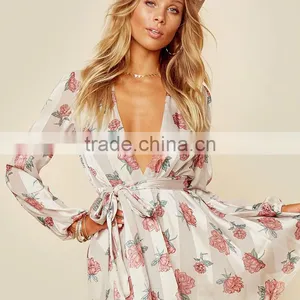 Plunging v Neck Cinched Waist Rose Floral Printed Long Sleeve Short Dress thumbnail-5