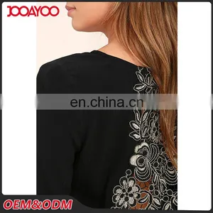 Black Round Neck Long Sleeve Open Back Lace Embroidered Crop Top thumbnail-4