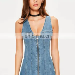 Office Wear Summer Casual Fashion Women Fitted Zip Through Denim Mini Dress thumbnail-4